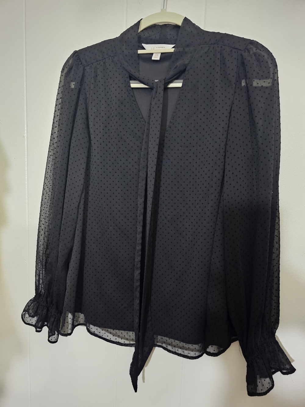 LC Lauren Conrad Black Swiss Dot Tie-Neck Blouse